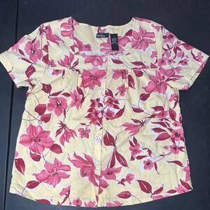 Erika Floral Button Front Blouse Women Small Yellow Pink Short Sleeve Top